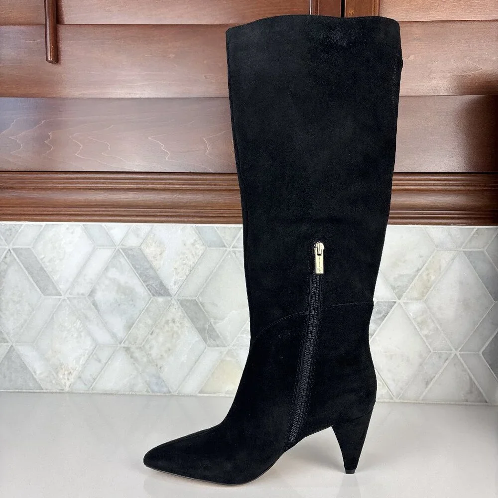 7.5 Tall Knee High Boot Black Leather Suede Cone Heel Pointed Toe Zip Bryle
